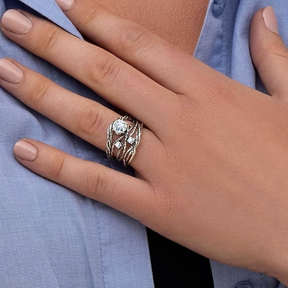 925 CZ Diamond Simulated Crystal Twisted Branch Nest Ring